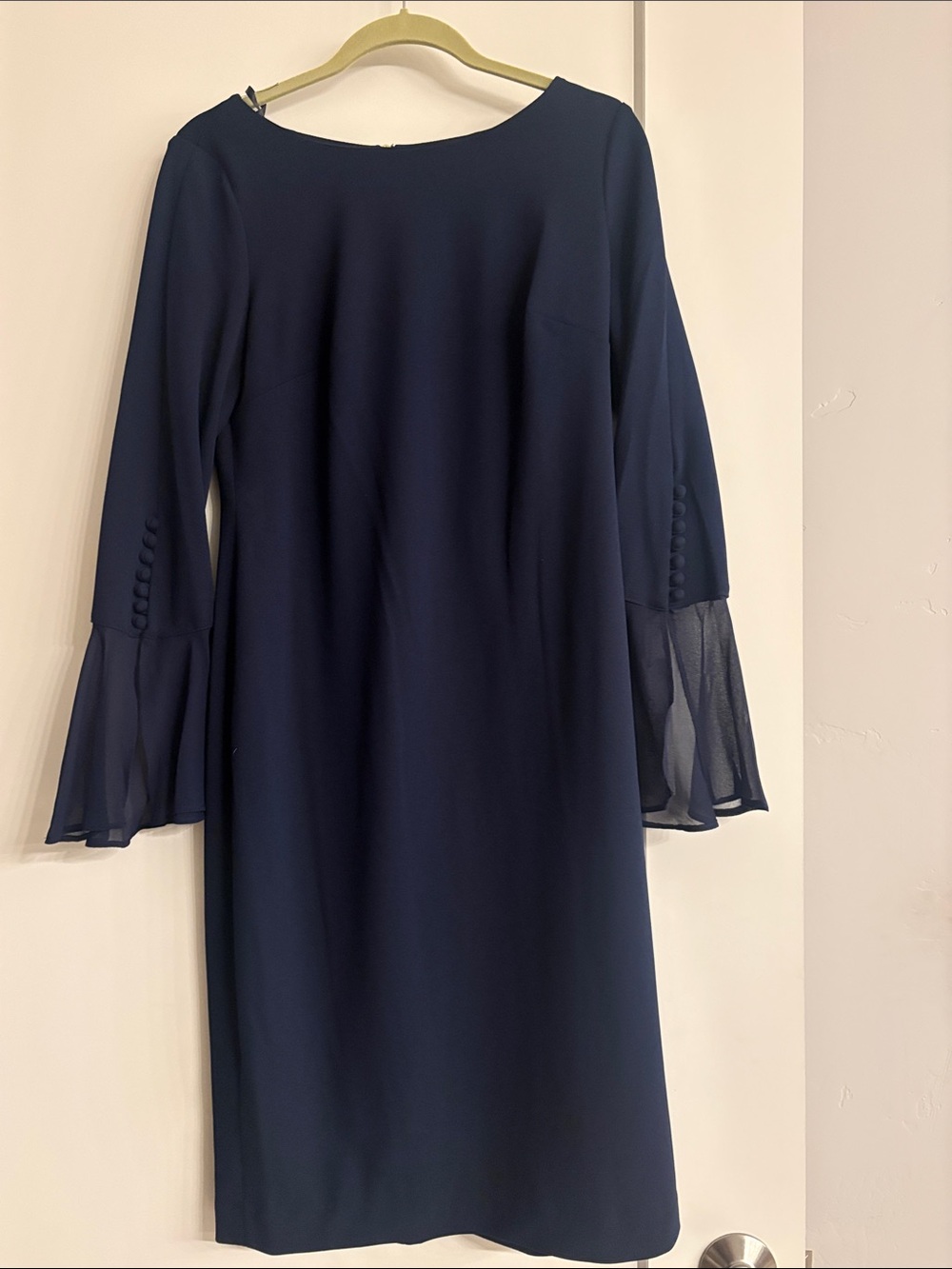 Calvin Klein Indigo Scuba Crepe Dress with Chiffon Bell Sleeves.